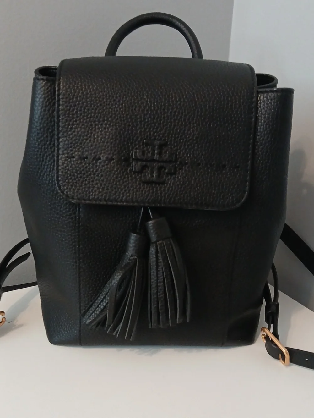 Tory Burch Black Pebbled Leather Tassel Backpack
